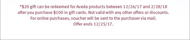 *$20 gift can be redeemed for Aveda products between 12/26/17 and 2/28/18 after you purchase $100 in gift cards. Not valid with any other offers or discounts. For online purchases, voucher will be sent to the purchaser via mail. Offer ends 12/25/17.