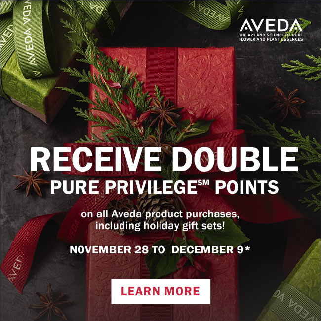 RECEIVE DOUBLE PURE PRIVILEGE(SM) POINTS on all Aveda product purchases, including holiday gift sets! NOVEMBER 28 TO DECEMBER 9*. LEARN MORE