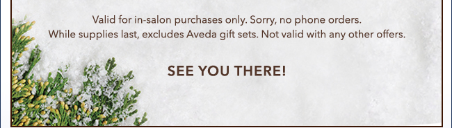 Valid for in-salon purchases only. Sorry, no phone orders. While supplies last, excludes Aveda Gift Sets. Not valid with any other offers. SEE YOU THERE!