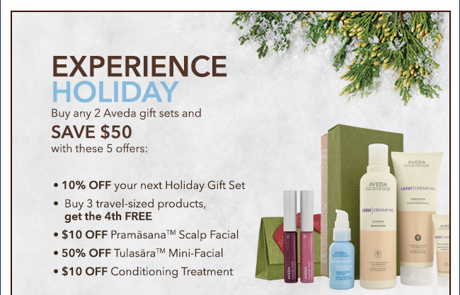 EXPERIENCE HOLIDAY. Buy any 2 Aveda gift sets and SAVE $50 with these 5 offers: 10% OFF your next Holiday Gift Set. Buy 3 travel-sized products, get the 4th FREE. $10 OFF Pramasana(TM) Scalp Facial. 50% OFF Tulasara(TM) Mini-Facial. $10 OFF Conditioning Treatment