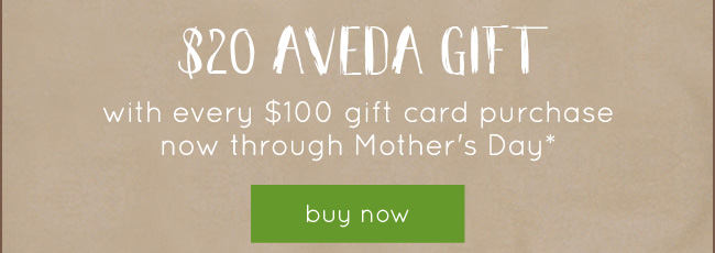 $20 Aveda Gift when you buy $100 gift card now through Mother's Day; BUY NOW