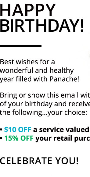 Best wishes for a wonderful and healthy year filled with Panache! Bring or show this email within 30 days of your birthday and receive one of the following…your choice:• $10 off a service valued at $75 or more*• 15% off your retail purchase*|CELEBRATE YOU!