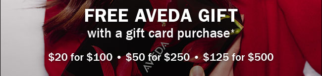 FREE AVEDA GIFT
with a gift card purchase* - $20 for $100 • $50 for $250 • $125 for $500